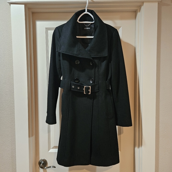 Guess Double Breast Wool Blend Coat Heavyweight Funnel Neck Belt Siz 6 Black EUC - Picture 5 of 15